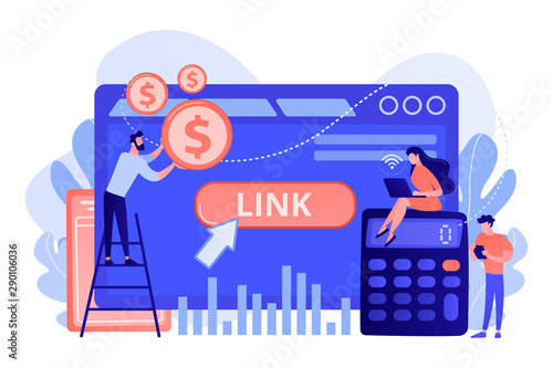 Business analytics, commerce metrics, SEO. Cost per acquisition CPA model, cost per conversion, online advertising pricing model concept. Bright vibrant violet vector isolated illustration