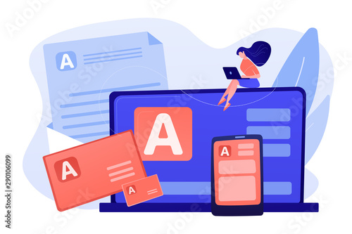Brand marketing, corporate identity, logo design. Corporate literature, printed literature design, brand representation strategy concept. Bright vibrant violet vector isolated illustration
