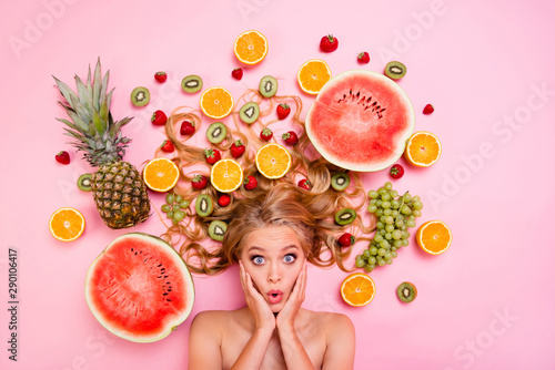 Bilde på lerret Close up top above high angle view photo beautiful she her lady lying down among