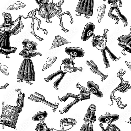 Seamless pattern skeleton in Mexican national costumes. Vintage vector black engraving
