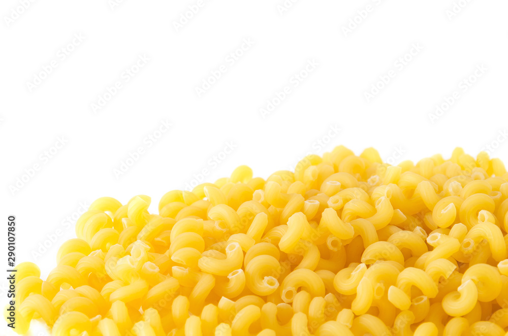 Group of raw uncooked macaroni on white bacground Group of raw uncooked macaroni on white bacground