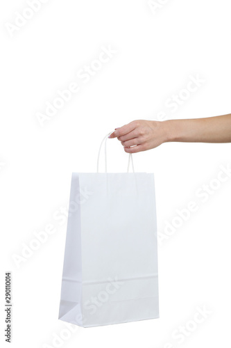 Female hand holding shopping bag on white background