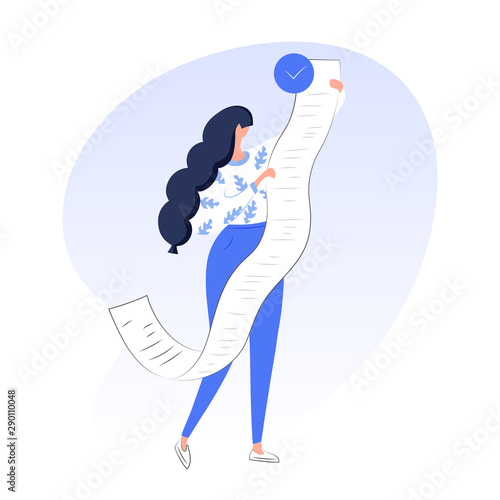 Woman holding long read,  tax document, long bill, task, check, receipt or to do list with done check mark. Trendy modern vector illustration on white background.