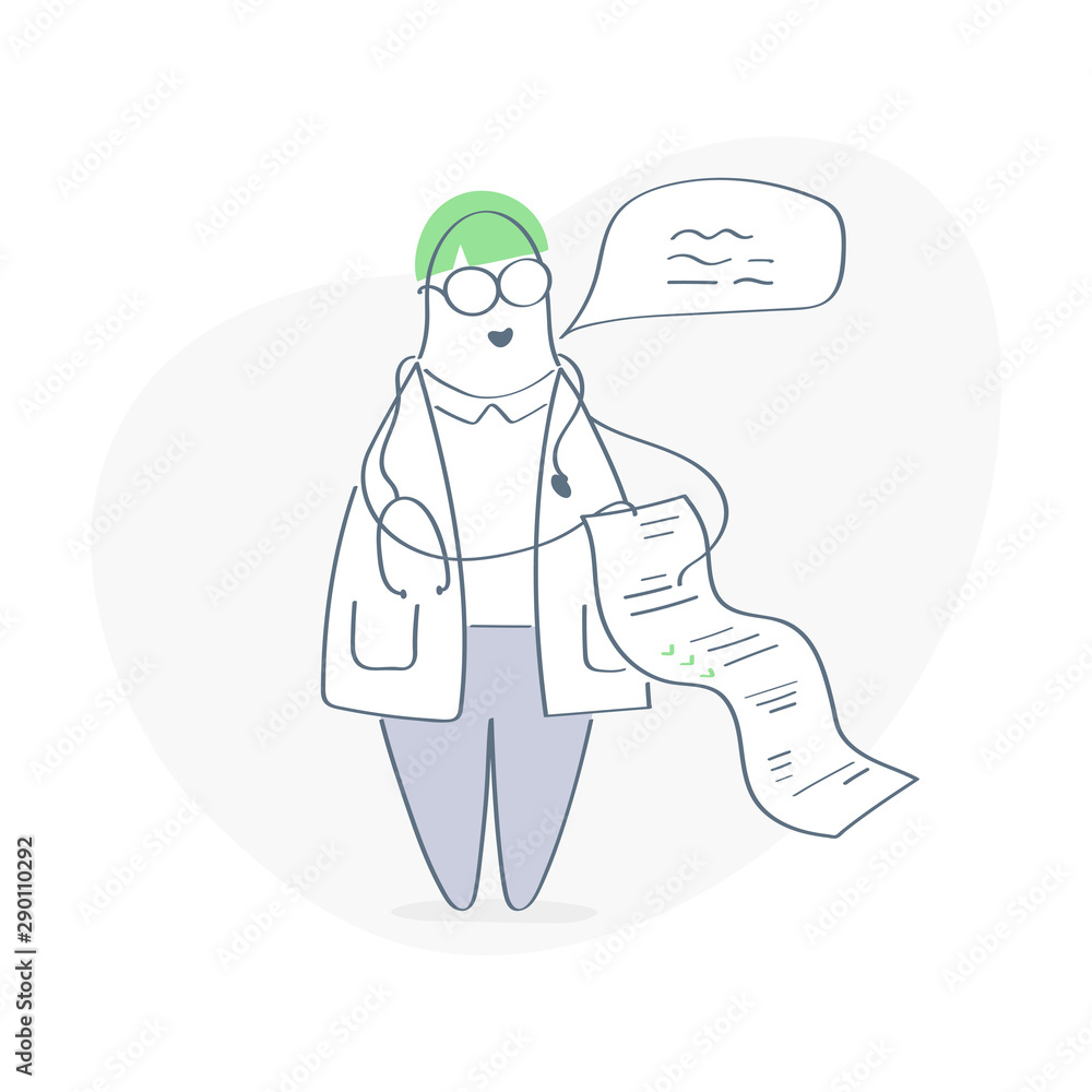 Doctor holding medical prescription Rx form or receipt blank,a make diagnosis, tests results or instructions for treating the disease. Flat outline vector on white background.  
