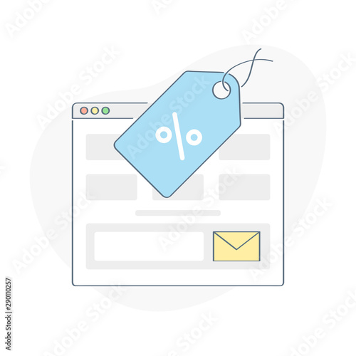 Discount offer illustration, marketing website sale or subscription form. Web browser page with sale tag and subscription form. UX / UI outline element for web and mobile design.