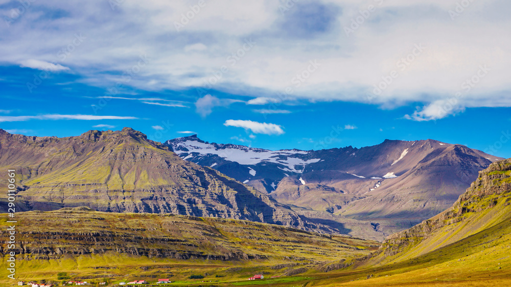 The volcanic mountain range and hill. Beautiful perspective view rural scene landscape.The photo taken from near reykjavik city south of Iceland.