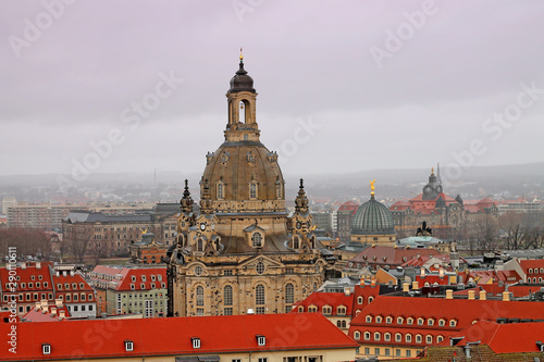View of winter Dresden. One of the major landmarks of Dresden Frauenkirche Church. Saxony, Germany.