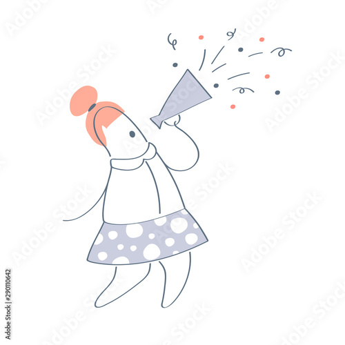 Promotion, advertisement. Cartoon woman  shouting on the megaphone, mouthpiece or bullhorn in her hand. Leader, lead, announce, attention icon concept. Flat outline vector illustration on white.