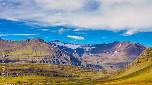 The volcanic mountain range and hill. Beautiful perspective view rural scene landscape.The photo taken from near reykjavik city south of Iceland.