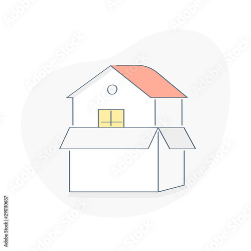 Home movers, home moving, delivery and house transportation or relocation concept. House in the cardboard box ready for relocation. Flat outline vector on white background.