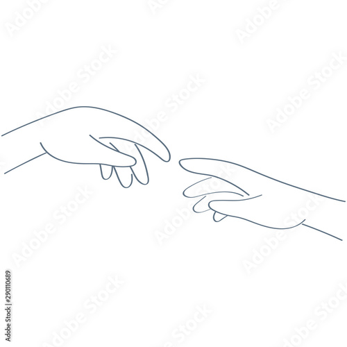 God and Adams hands, touching fingers. Genesis, touch of god. Collaboration Thinking, Creation.Michelangelo's fresco Sistine Chapel ceiling concept. Flat line vector illustration on white background. 