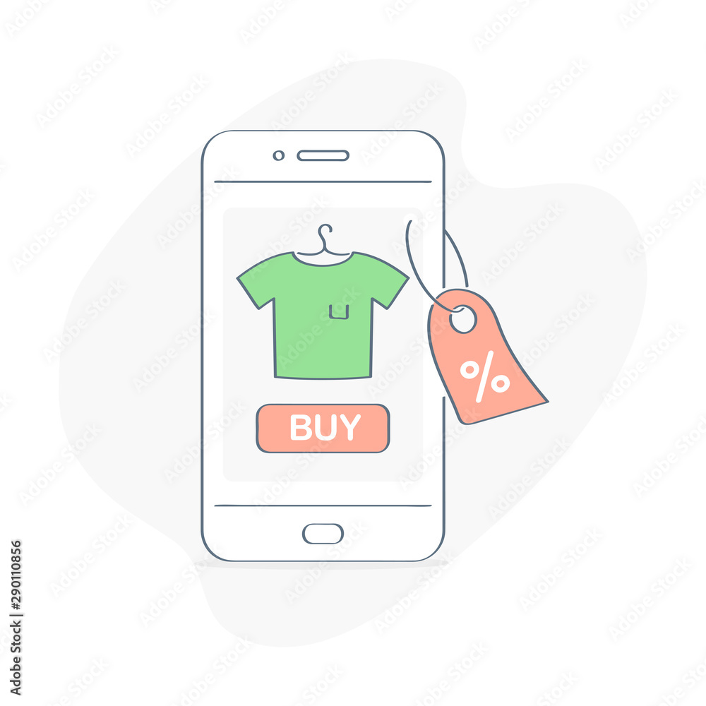 Online sales, ecommerce, shopping via mobile phone. Smartphone with  t-shirt, buy button and sales tag on the display. Online shopping  concept.Flat outline vector illustration icon on white background. Stock  Vector | Adobe