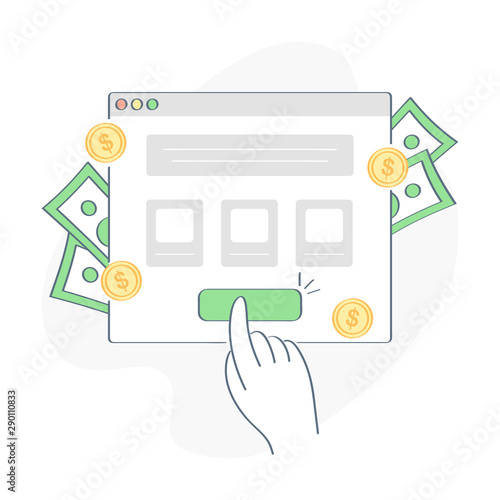 Internet marketing, earning money clicking on the button on the website page.   Earn with CPA, cost per action or CPM, banner advertise programs on your site. Flat outline vector illustration on white