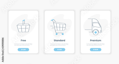 Three tariffs for delivery depending on the size, volume of purchases. Shopping basket, cart, truck transportation. Pricing table template interface for the website, flat clean outline vector on white