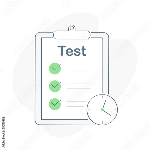 Clipboard, test application form with marked checklist and timer. Choosing answer, questionnaire form, education. Ticks are putted in the form. Flat line vector illustration.