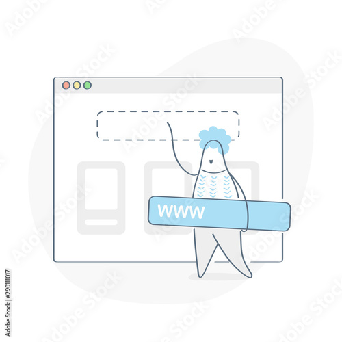 Online advertising, online marketing, media promotion, link building. Cartoon man placing a banner on the website with www. Hosting, site creation, domain setup. Flat outline vector on white