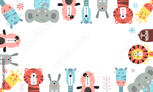 Kids frame with cute jungle animals in Scandinavian style. Vector Illustration. Kids illustration for nursery design. Great for greeting card, childish diploma. Place for text.