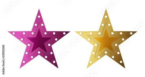 Retro style star shape light sign set. Golden and purple vintage banner with copy space. Vector illustration.