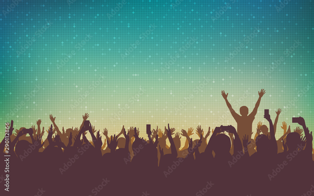 silhouette of people raise hand up in concert with smartphone and digital dot pattern on vintage color background silhouette of people raise hand up in concert with smartphone and digital dot pattern on vintage color background