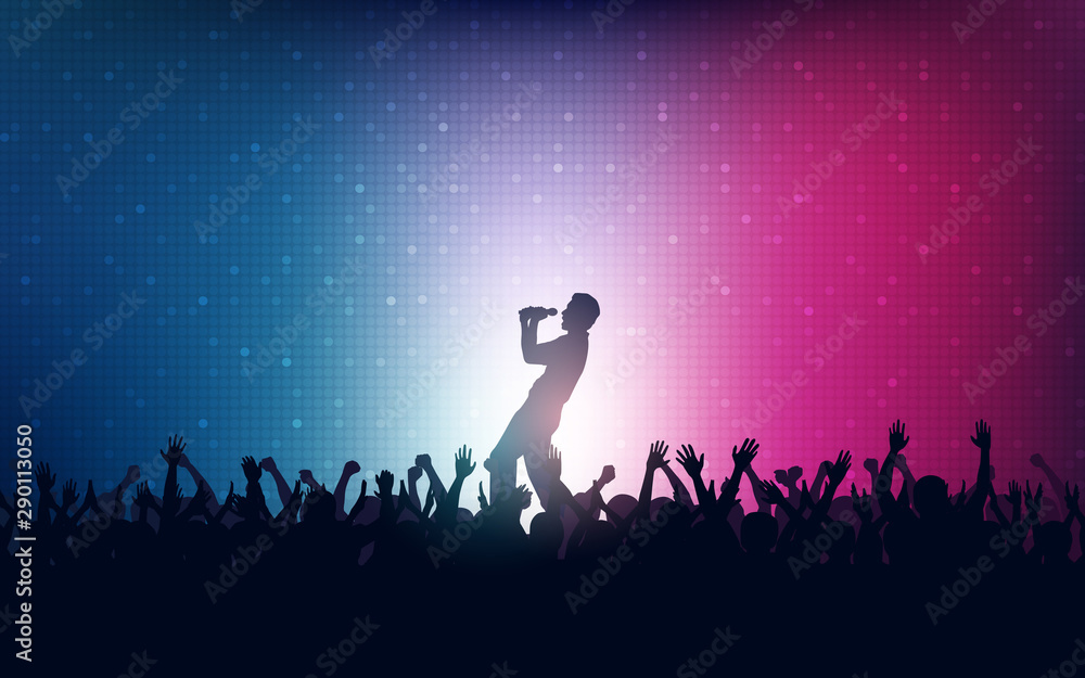 Silhouette of people raise hand up in concert with singer on stage and digital dot pattern on blue red color background