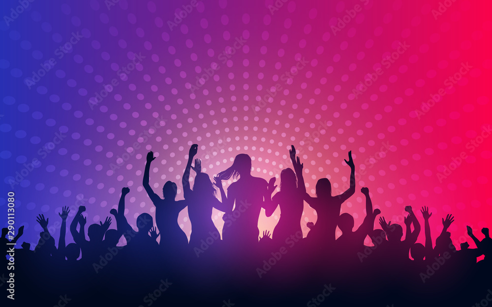 Silhouette of people raise hand up in concert with female dancing on stage and digital dot pattern on blue red color background