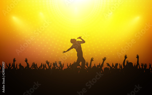 silhouette of people raise hand up in concert with singer on stage and digital dot pattern on yellow orange color background photo