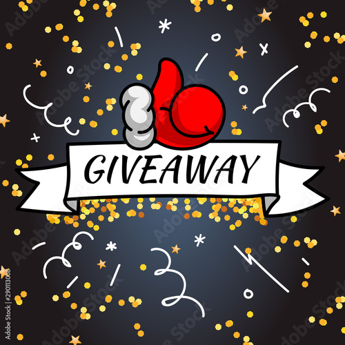 Christmas Giveaway. Handwritten modern lettering with golden confetti and Santa thumb up on black background.