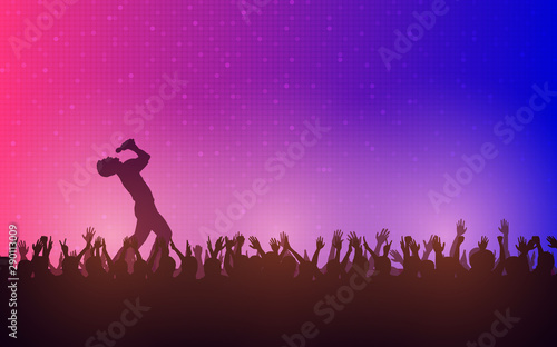 Silhouette of people raise hand up in concert with singer on stage and digital dot pattern on blue red color background