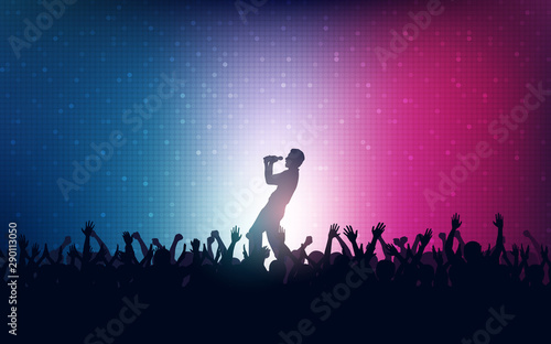 Silhouette of people raise hand up in concert with singer on stage and digital dot pattern on blue red color background