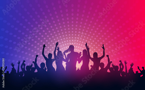 Silhouette of people raise hand up in concert with female dancing on stage and digital dot pattern on blue red color background
