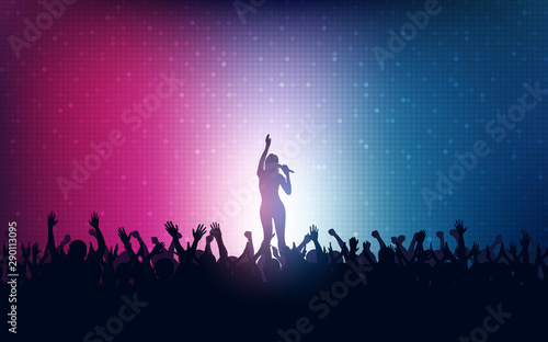 Silhouette of people raise hand up in concert with woman singer on stage and digital dot pattern on blue red color 