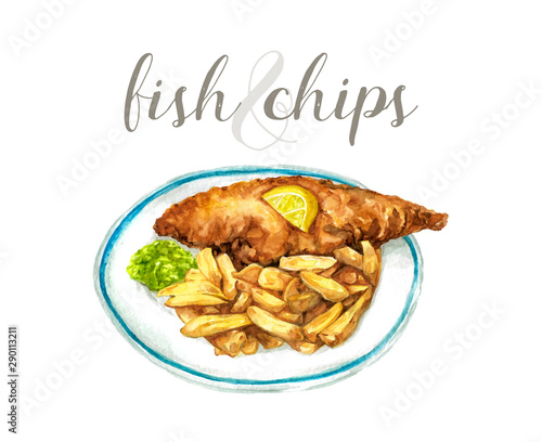 Watercolor fish and chips with green mushy peas