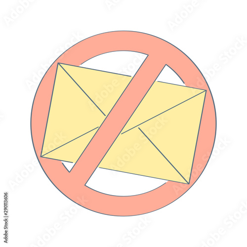 No spam, anti spam sign. Yellow envelope with prohibition sign. Flat outline vector design illustrative icon on white.
