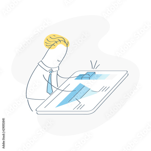 Businessman is working under the project, he building business model pivot on the interactive digital dashboard, doing the calculations, creating marketing strategy. Flat outline vector illustration.
