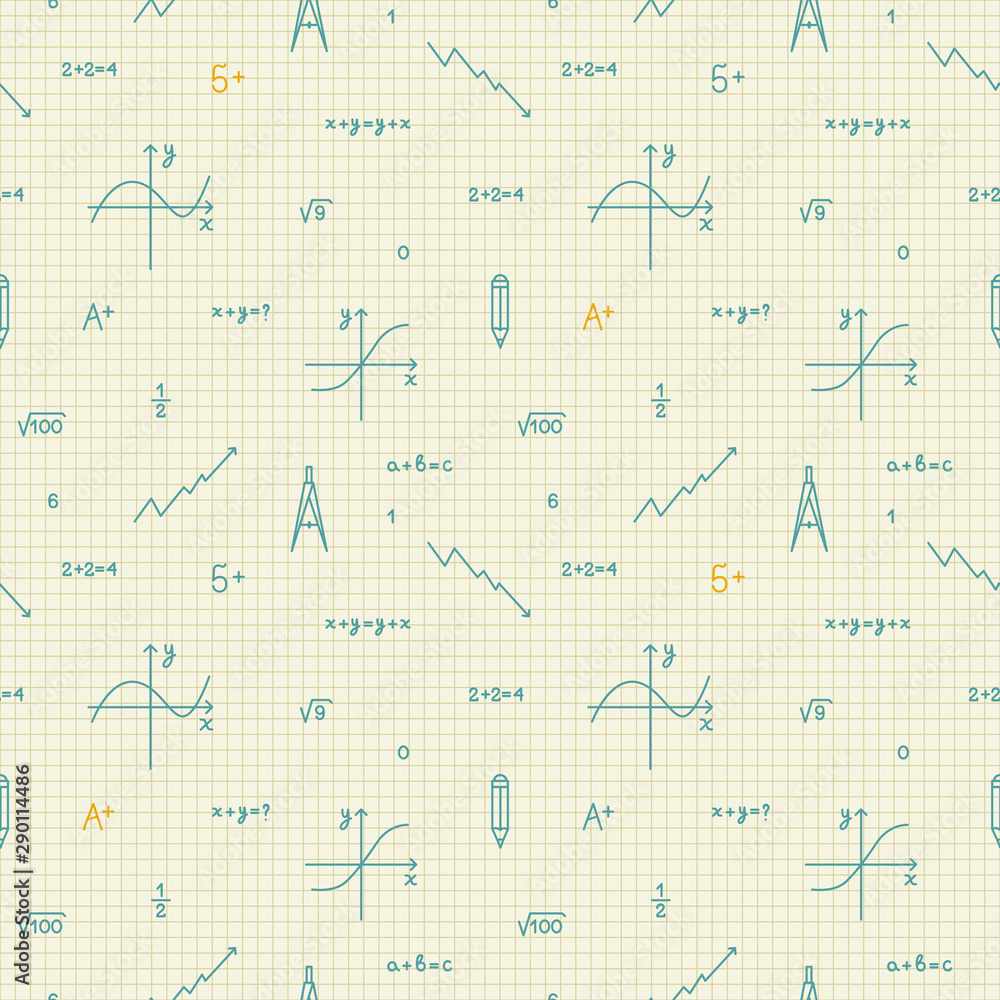 Obraz premium School, office seamless pattern for web pages, mobile applications. Image of mathematical formulas, graphs and numbers.