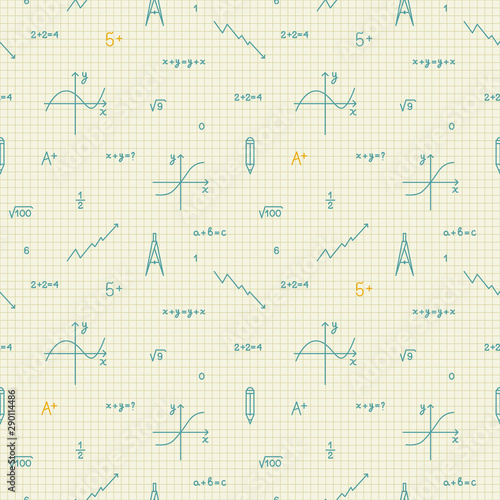 School, office seamless pattern for web pages, mobile applications. Image of mathematical formulas, graphs and numbers.