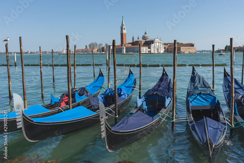 Gondolas near Saint Mark square (San Marco) and San Giorgio di Maggiore church in the background, in Venice, Italy © Aron M  - Austria