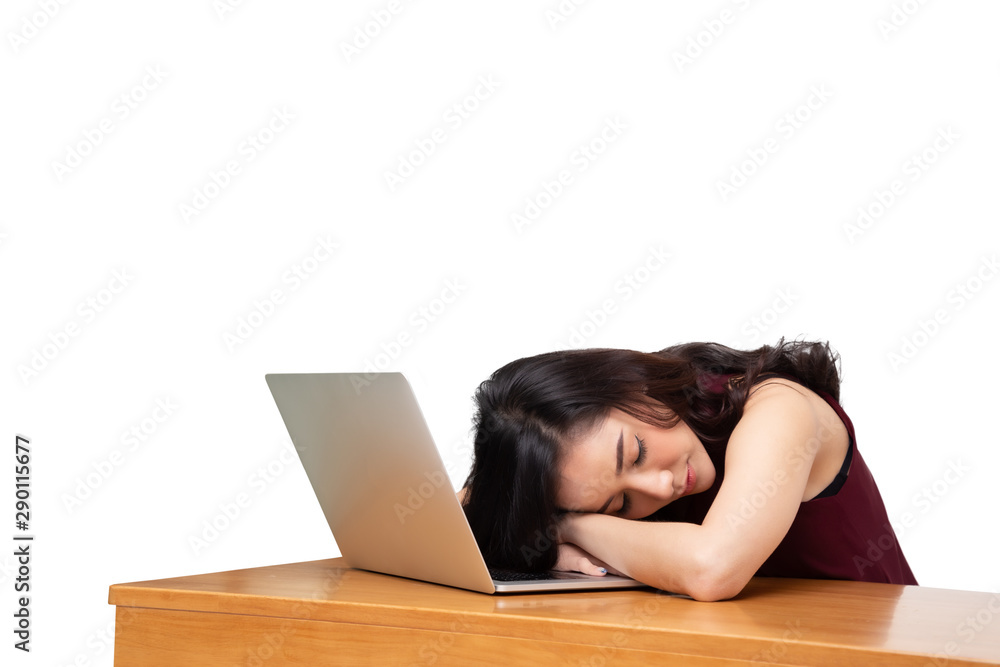 Very tired business Asian woman fell asleep on laptop computer Very tired business Asian woman fell asleep on laptop computer