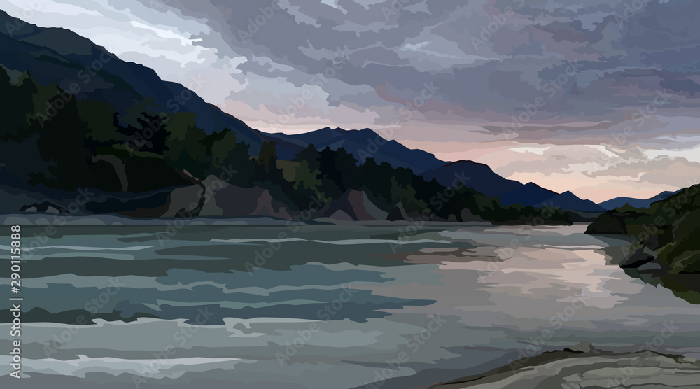 Naklejka premium painted summer landscape of a river surrounded by mountains at sunset