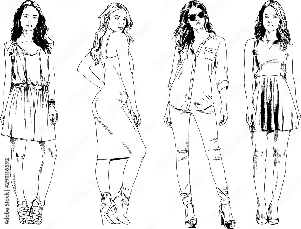 vector drawings on the theme of beautiful slim sporty girl in casual clothes in various poses painted ink hand sketch with no background	