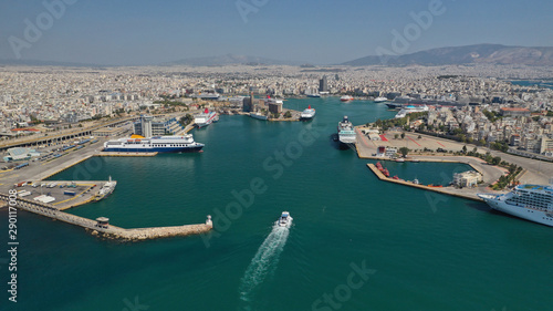 Aerial drone panoramic photo of busy port of Piraeus, the largest in Greece and one of the largest passenger ports in Europe, Attica, Greece  © aerial-drone