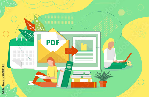 PDF converter concept with tiny people. Screen with changing or converting process of document to another format