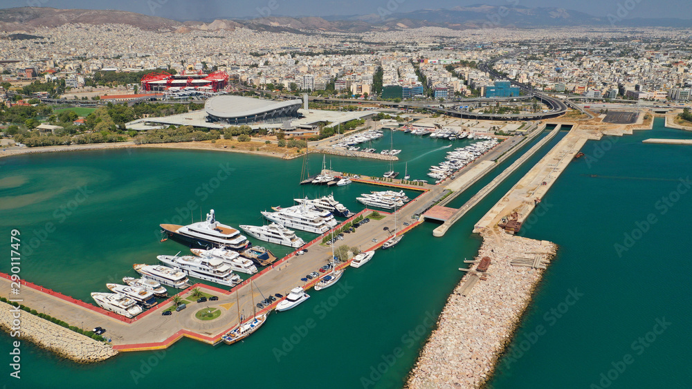Aerial drone photo of luxury yachts docked in Athens Marina near famous area of Mikrolimano, Neo Faliro, Attica, Greece