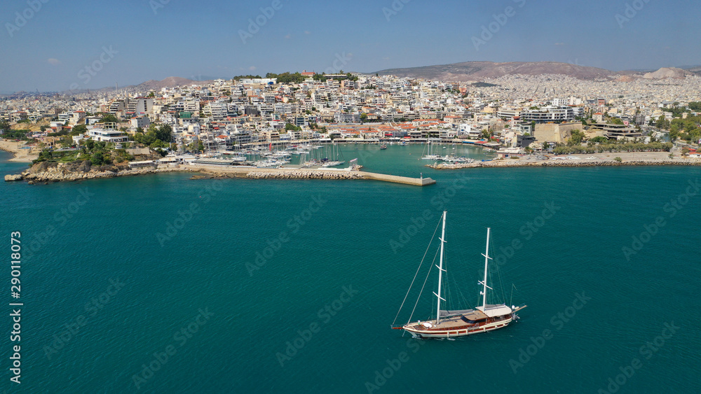 Aerial drone photo of iconic round port of Mikrolimano, Attica, Greece
