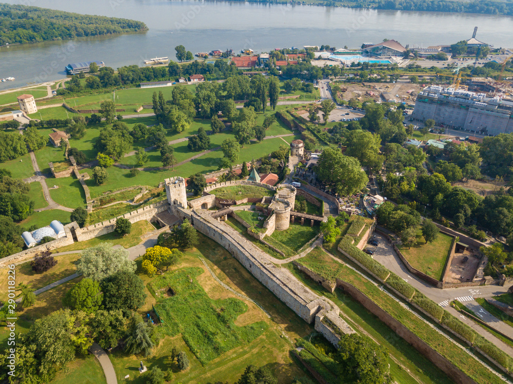 Aerial view to Kalemegdan fortress at Belgrade. Summer photo from drone. Serbia