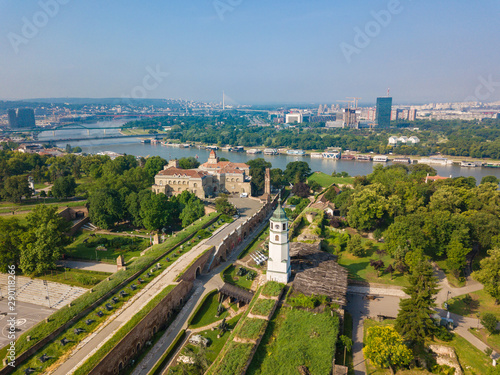 Aerial view to Clock tower (Sahat kula) and Kalemegdan fortress at Belgrade. Summer photo from drone. Serbia