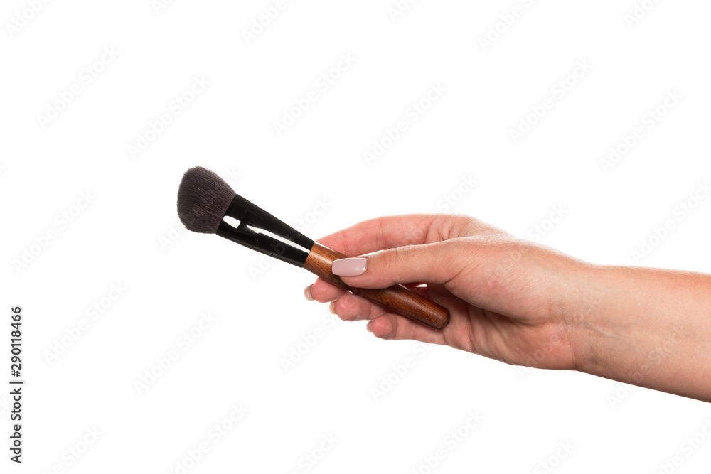 Cosmetic brush for makeup in a female hand isolated on white background. Cosmetic brush for makeup in a female hand isolated on white background.
