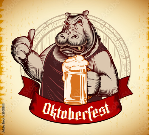 Hippo holds glass of beer, shows thumb up. Character design of mascot of big aggressive angry animal. Oktoberfest on banner ribbon. Vector retro inked engraved illustration on vintage background.