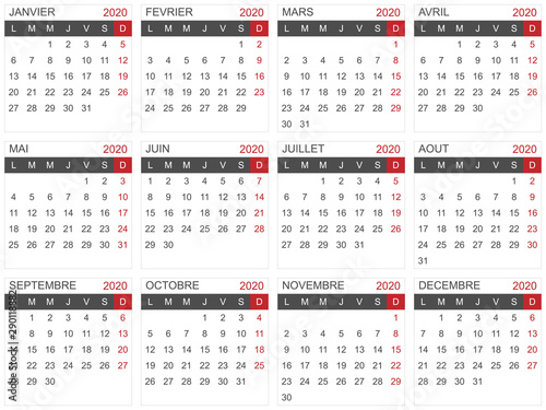 Modèle de calendrier 2020 par mois - Calendrier type bancaire - Texte vectorisé + non vectorisé disponible sur calques séparés