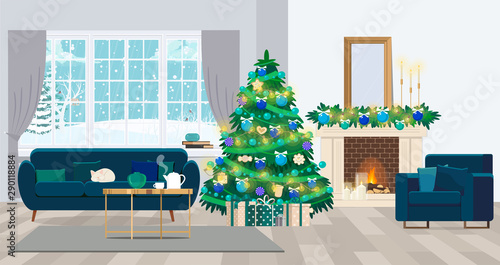 Christmas interior of the living room with a Christmas tree, gifts and a fireplace. Vector illustration in a flat style.